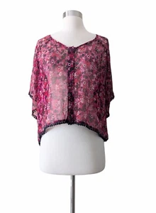 BAND OF GYPSIES Top Blouse Burgundy Floral Chiffon Sheer Button Down Lace MEDIUM - Picture 1 of 7