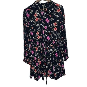 Free People Dress Women M Black Pink Floral Long Sleeve Button Front Cottagecore - Picture 1 of 11
