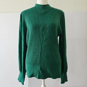 Adrianna Papell Size L Green Cable Knit Women's Sweater Long-Sleeved Crew Neck W - Picture 1 of 20