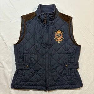 Polo Ralph Lauren Women’s Equestrian Navy Quilted Barn Vest Sz L Suede Shoulders - Picture 1 of 15