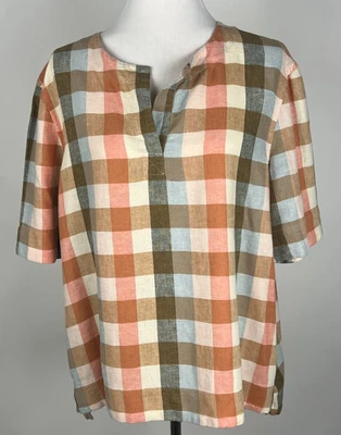 L.L. Camisa xadrez gola dividida BEAN Signature S/S mistura de linho - Extra Grande, azul coral dourado - Imagem 1 de 4