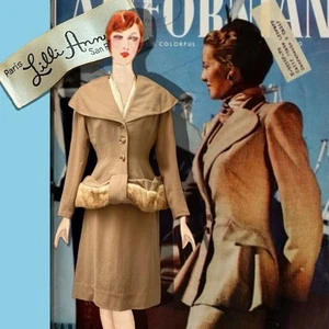 Lilli Ann Mink Trim Suit Brown Wool Crepe Atomic Jacket & Pencil Skirt 1950’s - Picture 1 of 19