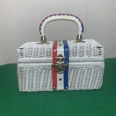 Cartera vintage roja blanca azul años 50 60 vinilo mimbre hecha a mano en Hong Kong Foto 1 de 4