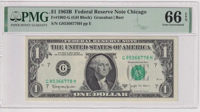 Fr 1902-G 1963B $1 FRN G85366778H PMG 66EPQ CHICAGO BARR 1963-B - Image 1 of 2