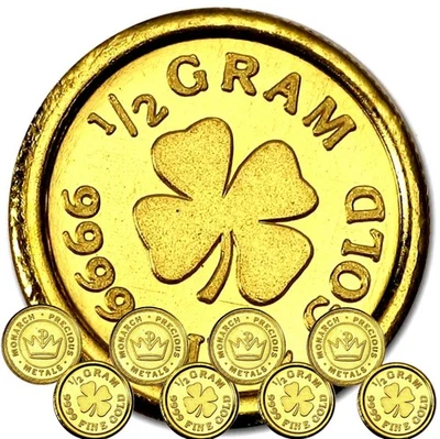 LOT 5 X 1/2 GRAM MONARCH LUCKY FOUR LEAF CLOVER .9999 GOLD ROUNDS IN CAPSULE BU - Image 1 of 4