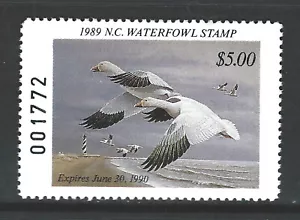 Bigjake: #NC-7, $5,00 oche delle nevi, francobollo anatra della Carolina del Nord 1989 - Foto 1 di 2