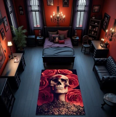 Tapete estilo gótico caveira e rosa antiderrapante esqueleto assustador decoração tapete de terror - Imagem 1 de 3