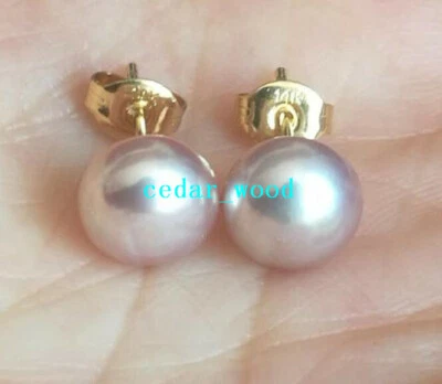 Top AAAA akoya 8-9mm natural purple pearl earrings 14k Gold nice stud earrings - Image 1 of 4