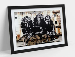 BANKSY 3 WISE MONKEYS -ART FRAMED POSTER PICTURE PRINT ARTWORK- WHITE BEIGE - Picture 1 of 10