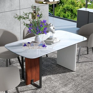 Modern Charm 160cm Rectangular Marble Dining Table w/ Asymmetric Heavy Iron Legs - Picture 1 of 16