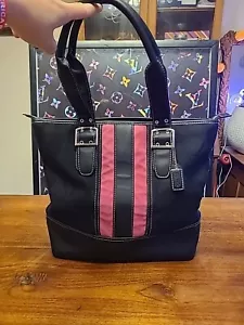 Coach Black Canvas Shoulder Bag Pink Stripe Signature Logo - Picture 1 of 13