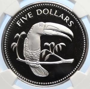 1976 BELIZE Avifauna Toucan BIRD Old VINTAGE Proof Silver $5 Coin NGC i106419 - Picture 1 of 5