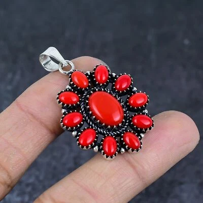 Colgante Joyería Plata Esterlina 925 Piedras Preciosas Coral Rojo 2.05" X-Mas Regalo j682 Foto 1 de 4