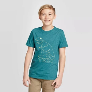 Cat & Jack Boys Teal Short Sleeve Glow in the Dark T-Rex Dinosaur T-Shirt 6-7 S - Picture 1 of 4