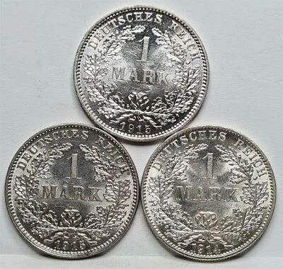 GERMANY Empire lot 3x 1 Mark 1914 A , 1915 E & J UNC Berlin Hamburg Silver #A47 - Image 1 of 4