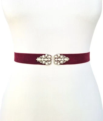 Cinturón Cintura Borgoña Terciopelo Elástico Plateado Joyas Perlado, Talla Regular y Grande Foto 1 de 4