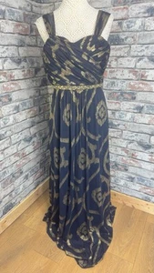 GINA BACCONI Women’s Navy Blue Beaded Gold Stitch Chiffon Maxi Dress Size UK 14 - Picture 1 of 11