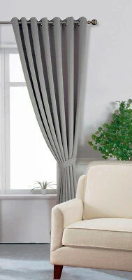  One Extra Long 320cm Drop Grey Window Curtain Eyelet Ring Top Blackout Tie Back - Image 1 of 4