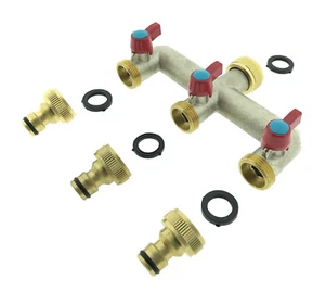 3-Wege Messing Wasserhahn Verteiler 3/4" Wasserverteiler 3er Gartenschlauch 1/2 - Bild 1 von 30