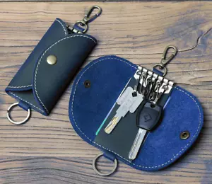 key bag wallet purse ID card holder pocket pouch case Cow Leather blue W343 - Picture 1 of 3