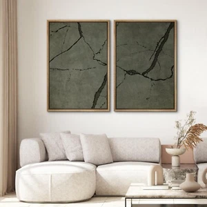 Wall26 Cracked Dark Green Stone Abstract Modern Framed Canvas Print Set of 2 - Picture 1 of 6