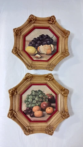 Two Vintage Octagon Home Decor Fruit Hanging Wall Pictures 8.5 In Cover