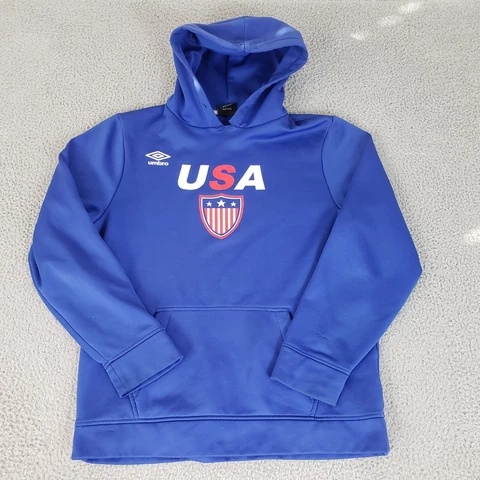 VINTAGE USA Soccer Sweater Mens Small Blue Pullover Umbro Pockets Logo Polyester Cover