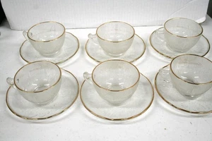 50er Jahre Jeannette Glas Harfe Leier 6 Tassen & Untertassen Set - MCM - Goldrand - neuwertig - Bild 1 von 5