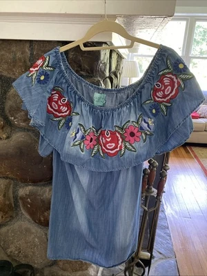 Judith March Dress Womens M Chambray Tier SleeveFloral Embroidered Western Theme - Image 1 of 4