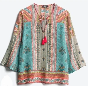 Top túnica Tolani Farrah 100 % seda para mujer boho fluida borla corbata manga 3/4 talla S - Imagen 1 de 7