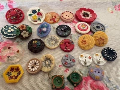 27 Painted  Vintage  Flower Plastic Buttons  Mix Designs and Colours - Image 1 of 4