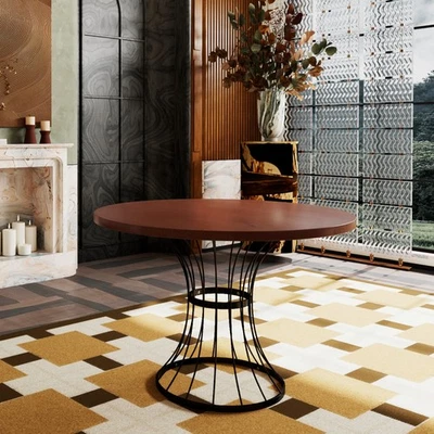 Mesa de comedor redonda de chapa de roble de 42" - Tapa de madera maciza, base de hierro forjado Foto 1 de 4