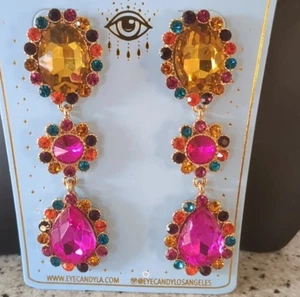 Multicolor Crystal Statement Earrings 2” Glass Gem Dangle Drop - Picture 1 of 5