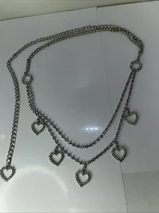 Vintage Textured Silvertone Hearts With A Clear Rhinestone Necklace ~ Adjustable - Picture 1 of 8
