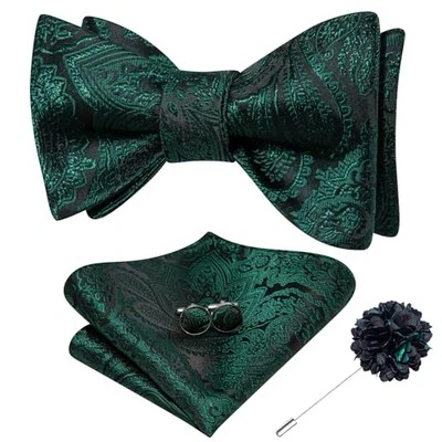  Self Tie Bow Ties and Lapel Pin for Men Paisley Solid Mens Dark Green Mix - Image 1 of 4
