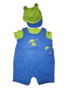 6 Month Little Me Baby 3 Piece Frog Applique Romper, Shirt, Cap Green and Blue - Picture 1 of 16