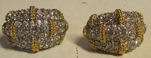 Orecchini Vintage Tono Oro Cristallo Trasparente Strass Cesto Tessuto Clip-on Grandi - Foto 1 di 14
