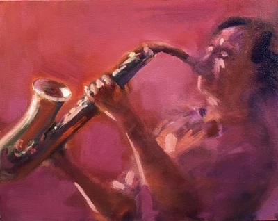 PDQ Artista Original Pintura al Óleo Saxofón Figurativo Hombre Impresionismo Realismo Foto 1 de 4