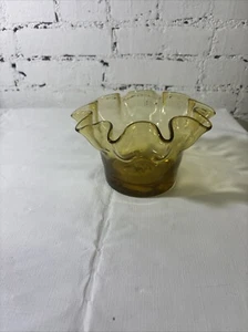 Amber Glass Hand Blown crackled Ruffle Edge Vintage Home Decor Modern Farmhouse - Picture 1 of 9