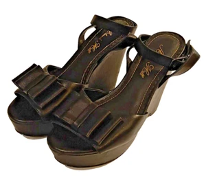 Alannah Hill Size AU 7 EU 38 Black Leather Peep Toe Platform Wedge Bow Sandals - Picture 1 of 8