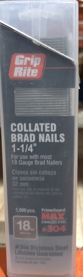 Grip Rite MAXB64876 18-ga 304-SS Clavos Brad en Cinturón-Clip Caja Paquete de 1000,1-1/4" Foto 1 de 1