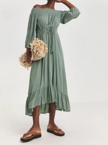 VESTIDO MIDI BARDOT ARRUGADO VERDE SALVIA JD WILLIAMS NUEVO (457) - Imagen 1 de 3