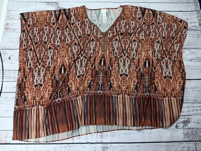 Chico's Poncho Women's XL L Beaded Flowy Caftan Brown & Orange Print Cap Sleeve  - Image 1 of 4