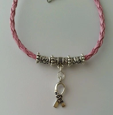 Pink Leather Bracelet Hope Breast Cancer Ribbon Awareness Charm Jewelry - Image 1 of 4