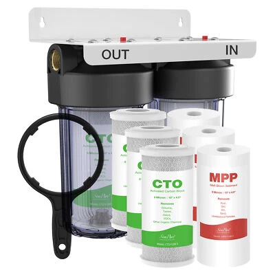 2 Stage Whole House Water Filter System Big Blue 10x4.5"+Sediment Carbon Replace - Image 1 of 4