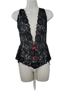 Vixen Sz Queen Beaded Faux Pearl Black Lace Bodysuit Lingerie New With Tags  - Picture 1 of 8
