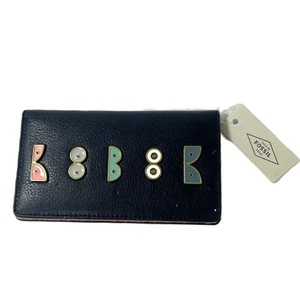 Fossil Black Leather Pastel Detail Phone Wallet Card Holder - Pink Lined NWT - Picture 1 of 10
