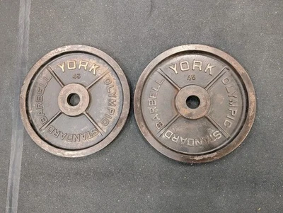 Пара винтажных оригинальных весовых пластин с отделкой/патиной Olympic York 45 фунтов  - Изображение 1 из 4