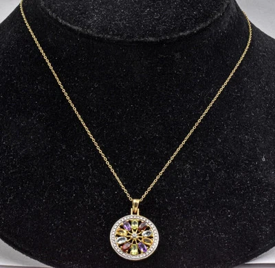 Modern Gold Plate Sterling Silver Genuine Diamond & Gemstone Circle 18" necklace - Image 1 of 4