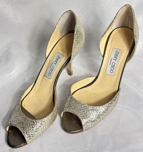 Jimmy Choo London Peep Toe Sparkle Heels Size 39 1/2 Silver Sequins Gold Thread - Picture 1 of 12